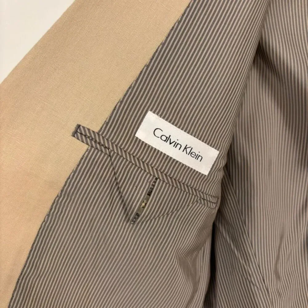 Calvin Klein Mens 3 Piece Linen Suit Beige Tan 38R Pants 32R Blazer Vest Trouser